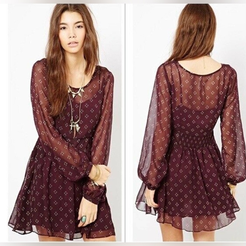 Free People Baby Dee Maroon Purple Chiffon Long Sleeve Fit & Flare Mini Dress XS